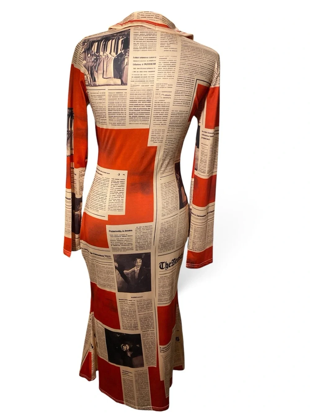 Newspaper Print Midi Dress in Red and Cream